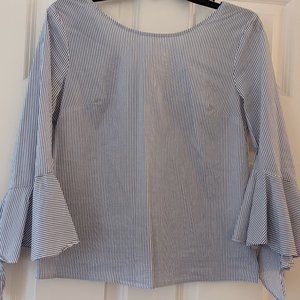Gray Striped Flouncy Sleeve Tie-Back Blouse